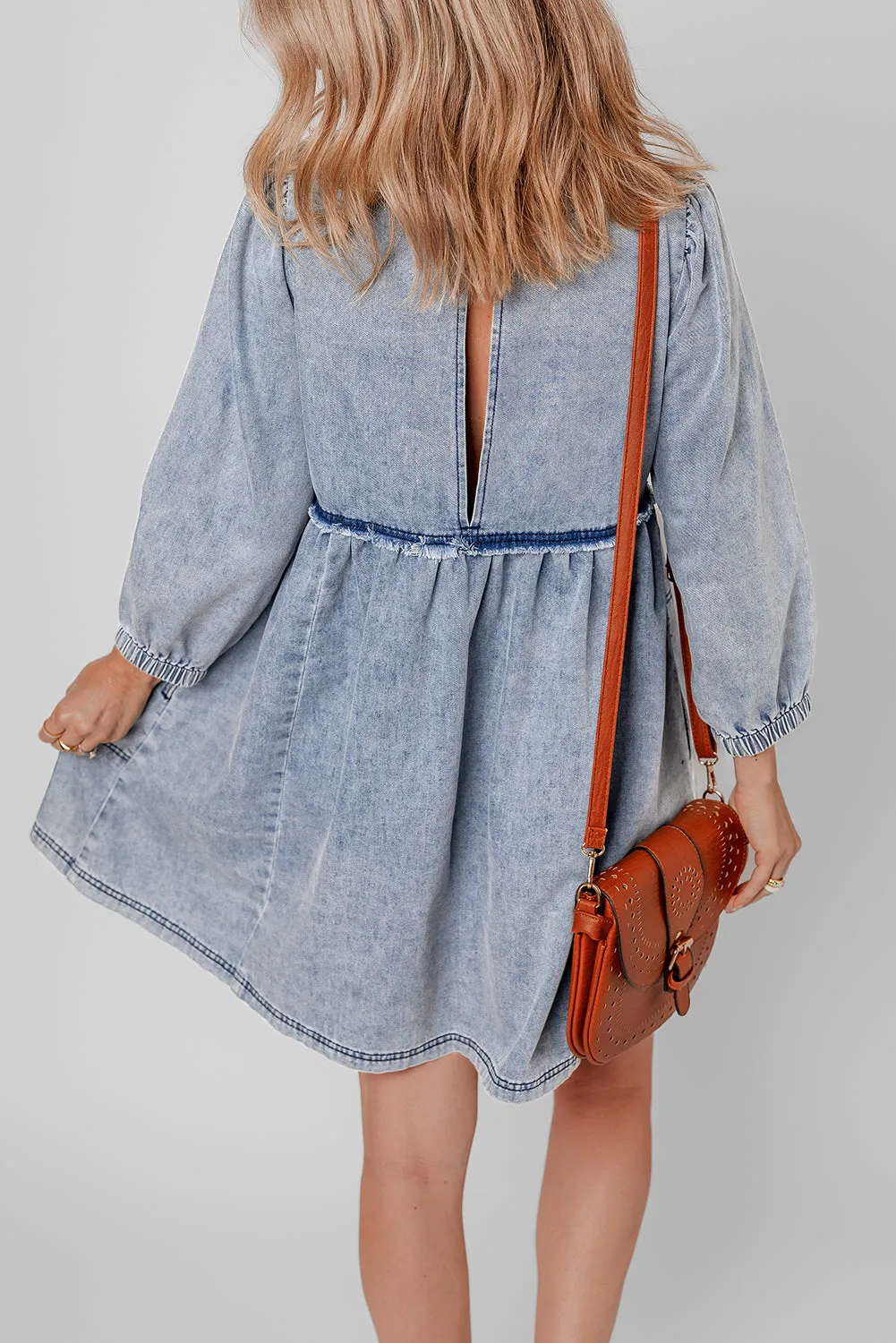 Beau Blue Light Wash High Waist Loose Fit Denim Mini Dress sold by Beagle Boutique product image thumbnail 2