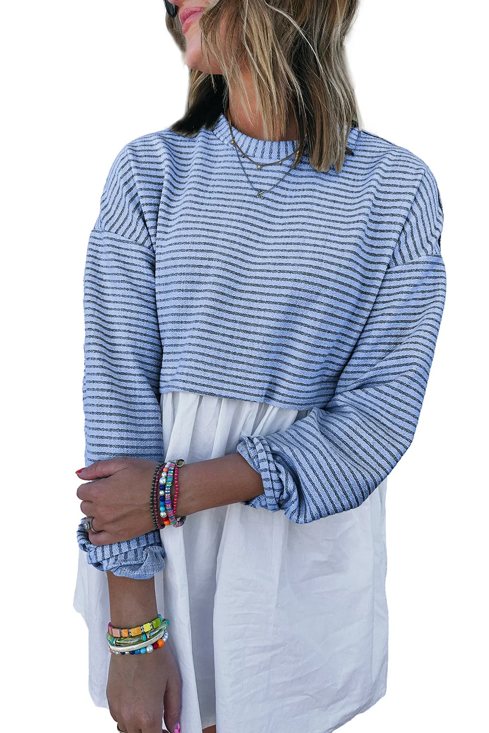 Sky Blue Stripe Patchwork Pleated High Waist Loose Mini Dress sold by Beagle Boutique product image thumbnail 4