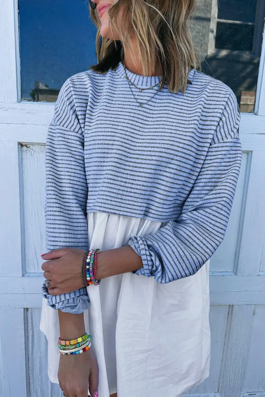 Sky Blue Stripe Patchwork Pleated High Waist Loose Mini Dress sold by Beagle Boutique