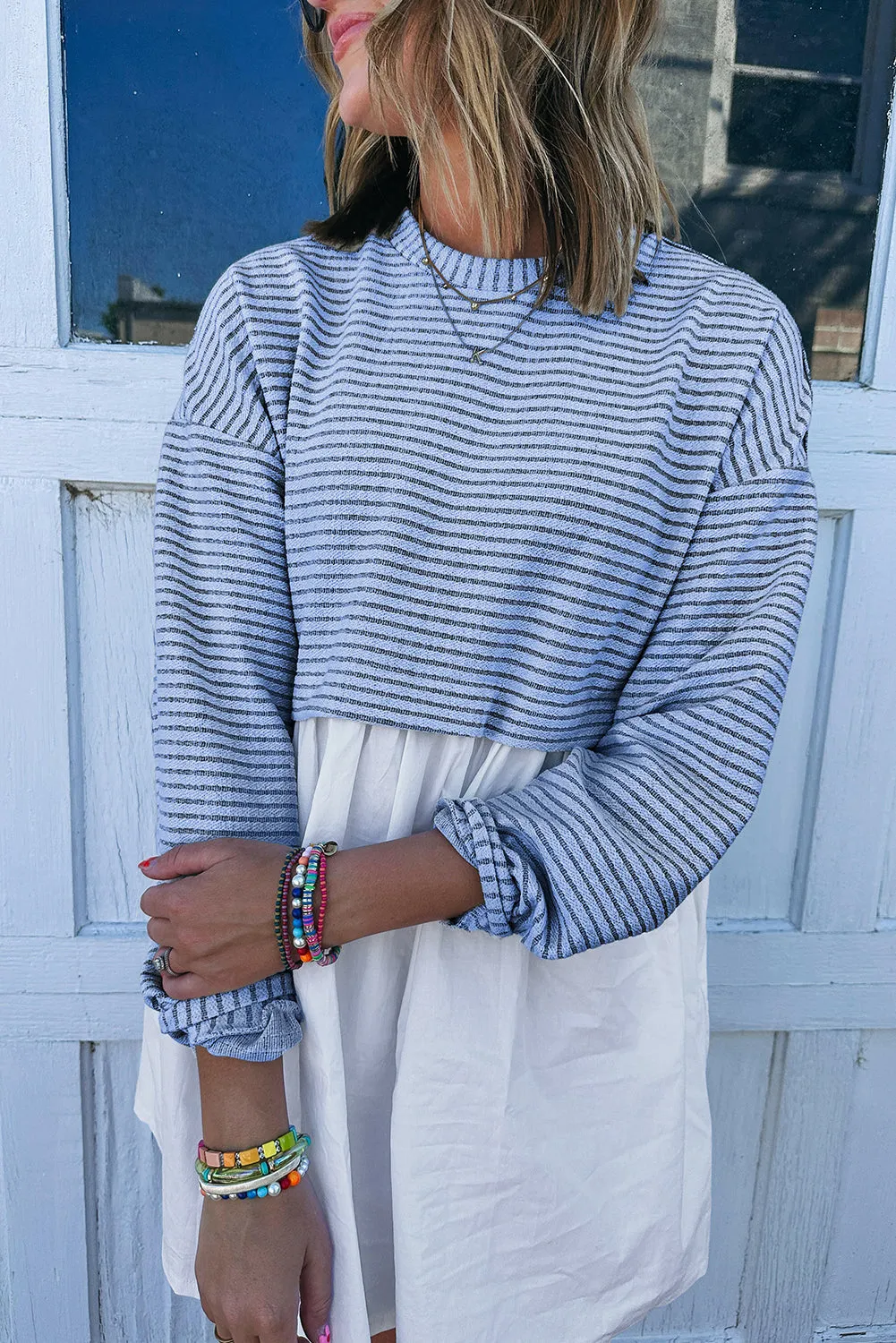 Sky Blue Stripe Patchwork Pleated High Waist Loose Mini Dress sold by Beagle Boutique