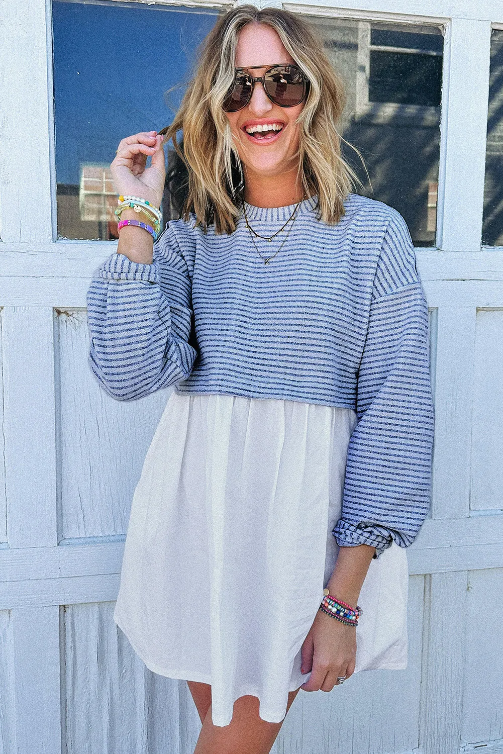 Sky Blue Stripe Patchwork Pleated High Waist Loose Mini Dress sold by Beagle Boutique product image thumbnail 2