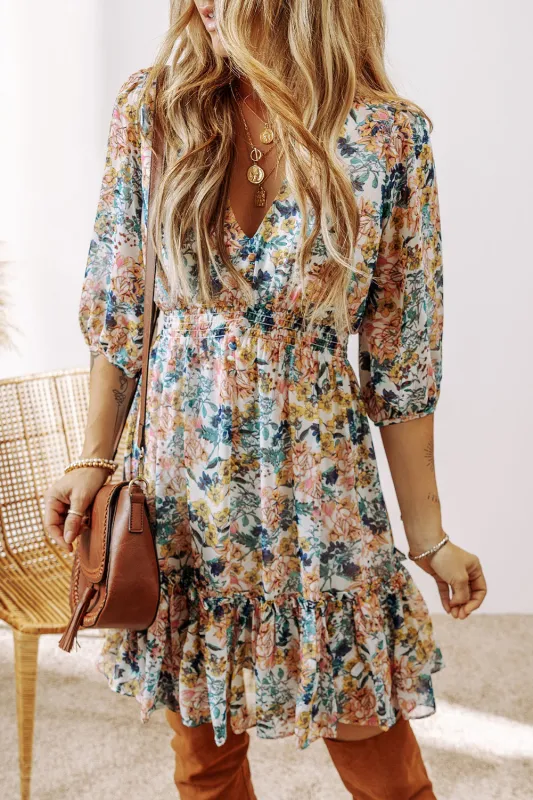 Sky Blue Floral 3/4 Sleeve V Neck High Waist Ruffled Dress sold by Beagle Boutique