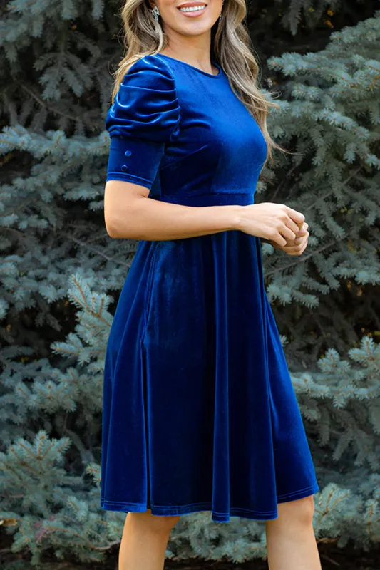 Blue Velvet Ruched Short Sleeve Mini Dress With Pockets sold by Beagle Boutique