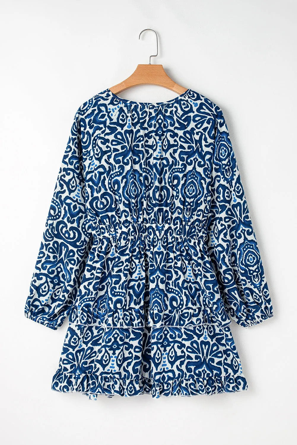 Blue Vintage Print Lace up V Neck Long Sleeve Mini Dress sold by Beagle Boutique product image thumbnail 5