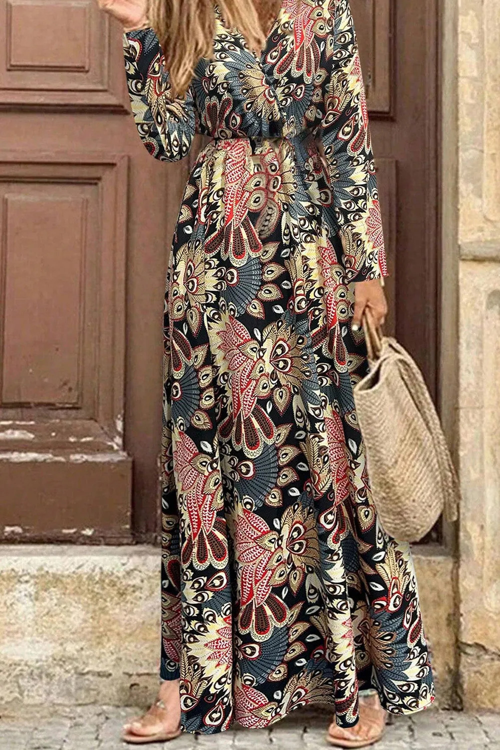 Black Floral Print V Neck Wrap High Waist Maxi Dress sold by Beagle Boutique product image thumbnail 3