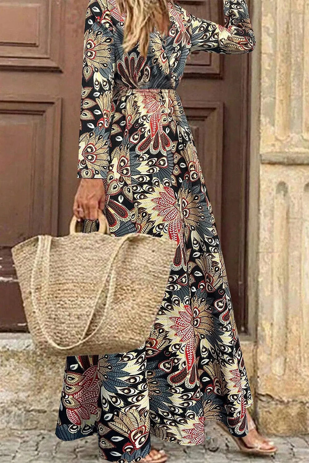 Black Floral Print V Neck Wrap High Waist Maxi Dress sold by Beagle Boutique product image thumbnail 2