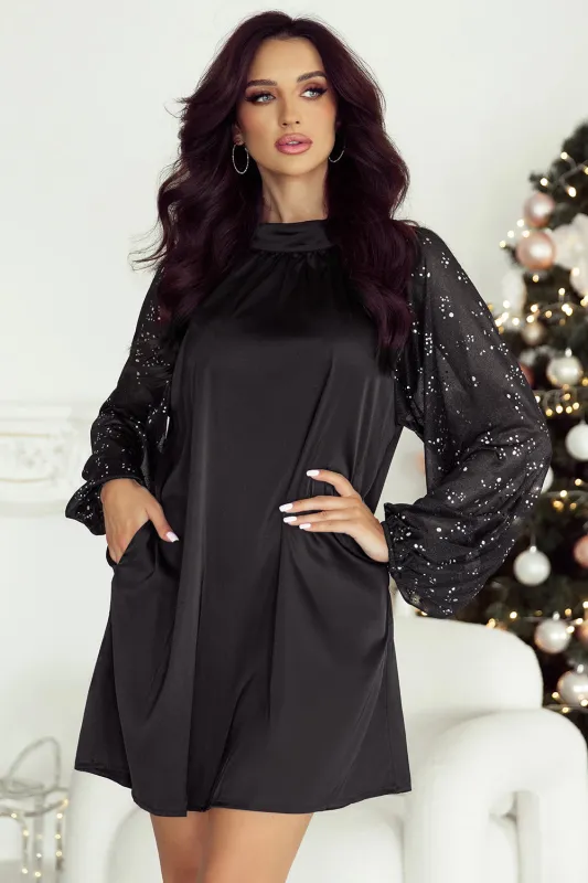 Black Glittering Mesh Sleeve Mock Neck Mini Dress sold by Beagle Boutique
