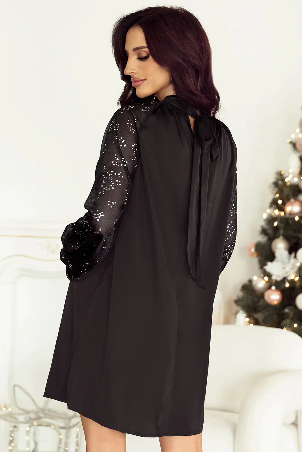 Black Glittering Mesh Sleeve Mock Neck Mini Dress sold by Beagle Boutique product image thumbnail 2