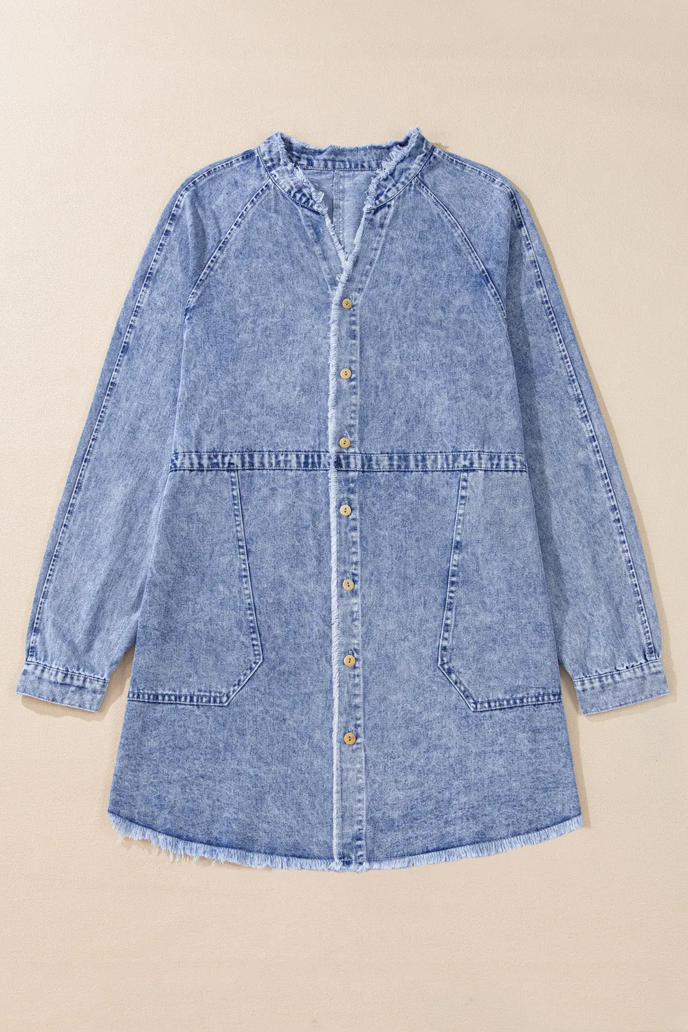 Beau Blue Mineral Wash Long Sleeve Button Up Raw Hem Pocketed Denim Dress sold by Beagle Boutique product image thumbnail 5