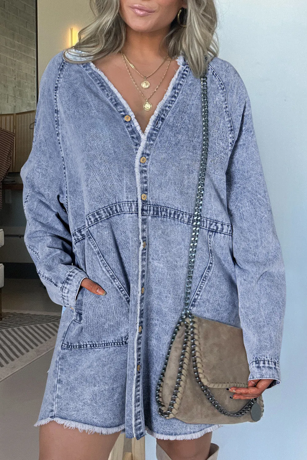 Beau Blue Mineral Wash Long Sleeve Button Up Raw Hem Pocketed Denim Dress sold by Beagle Boutique
