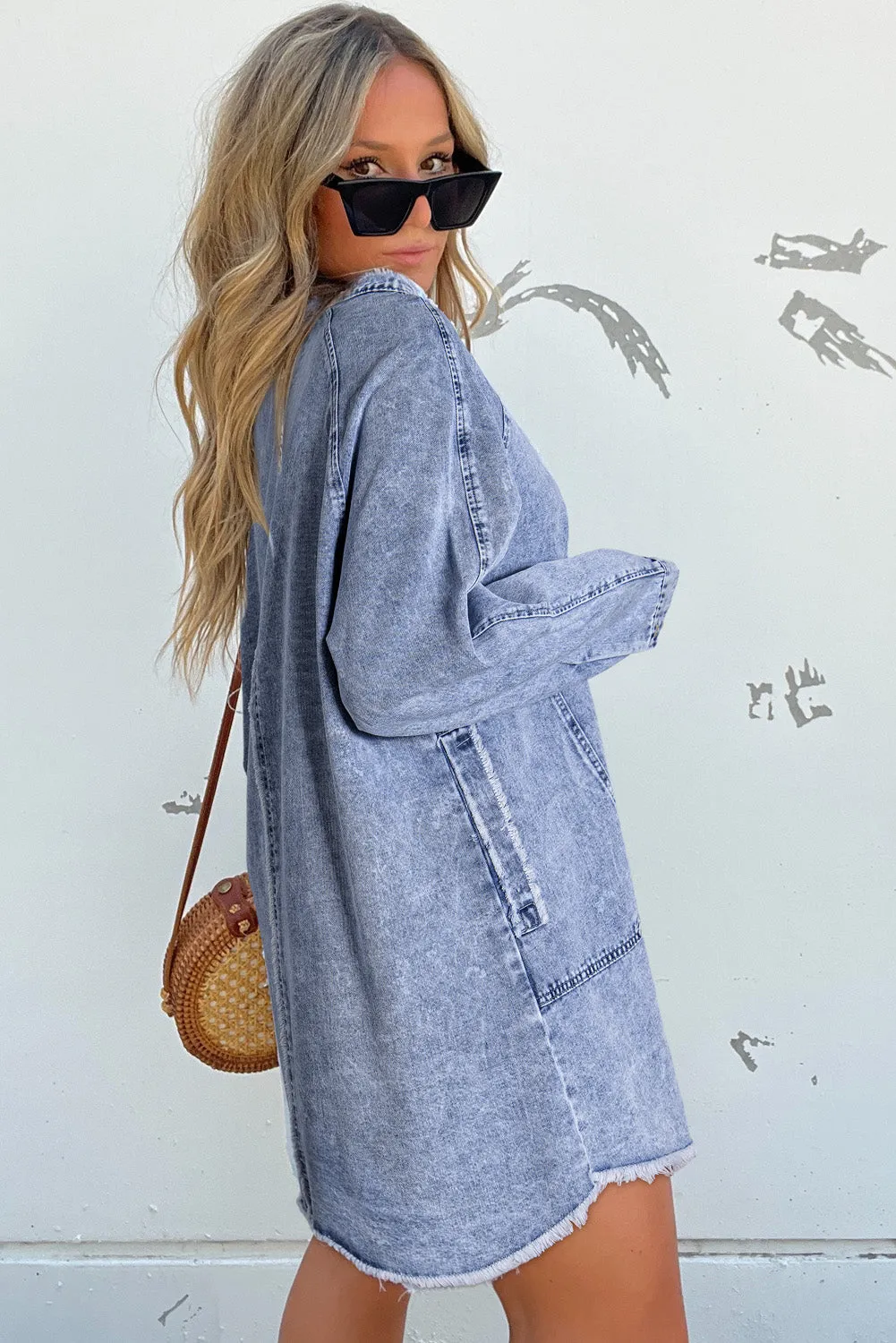 Beau Blue Mineral Wash Long Sleeve Button Up Raw Hem Pocketed Denim Dress sold by Beagle Boutique product image thumbnail 3