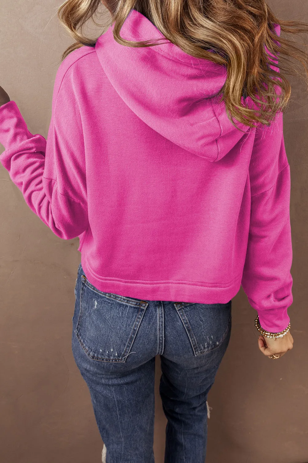 Sachet Pink Solid Drop Shoulder Drawstring Cropped Hoodie sold by Beagle Boutique product image thumbnail 2