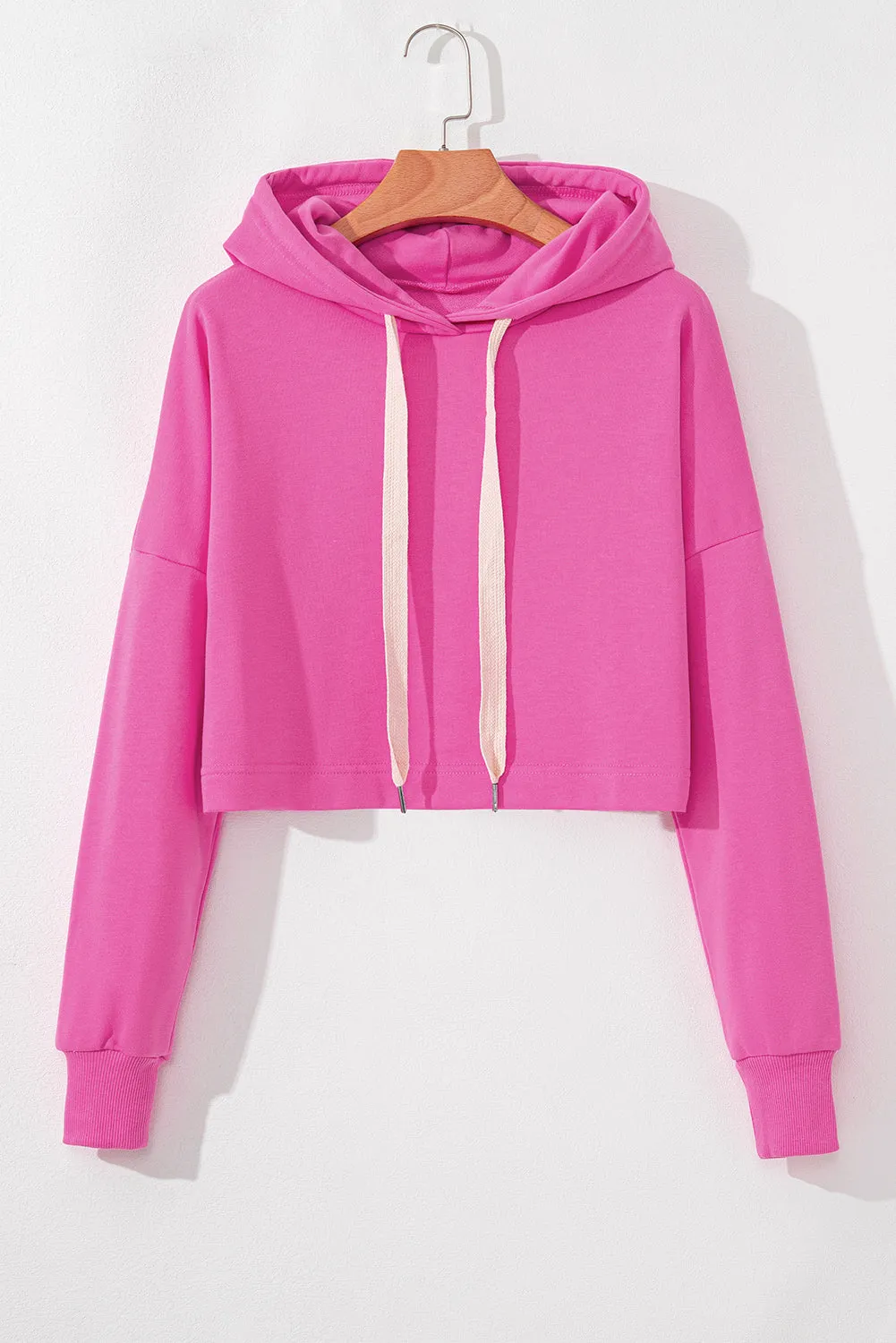 Sachet Pink Solid Drop Shoulder Drawstring Cropped Hoodie sold by Beagle Boutique product image thumbnail 4
