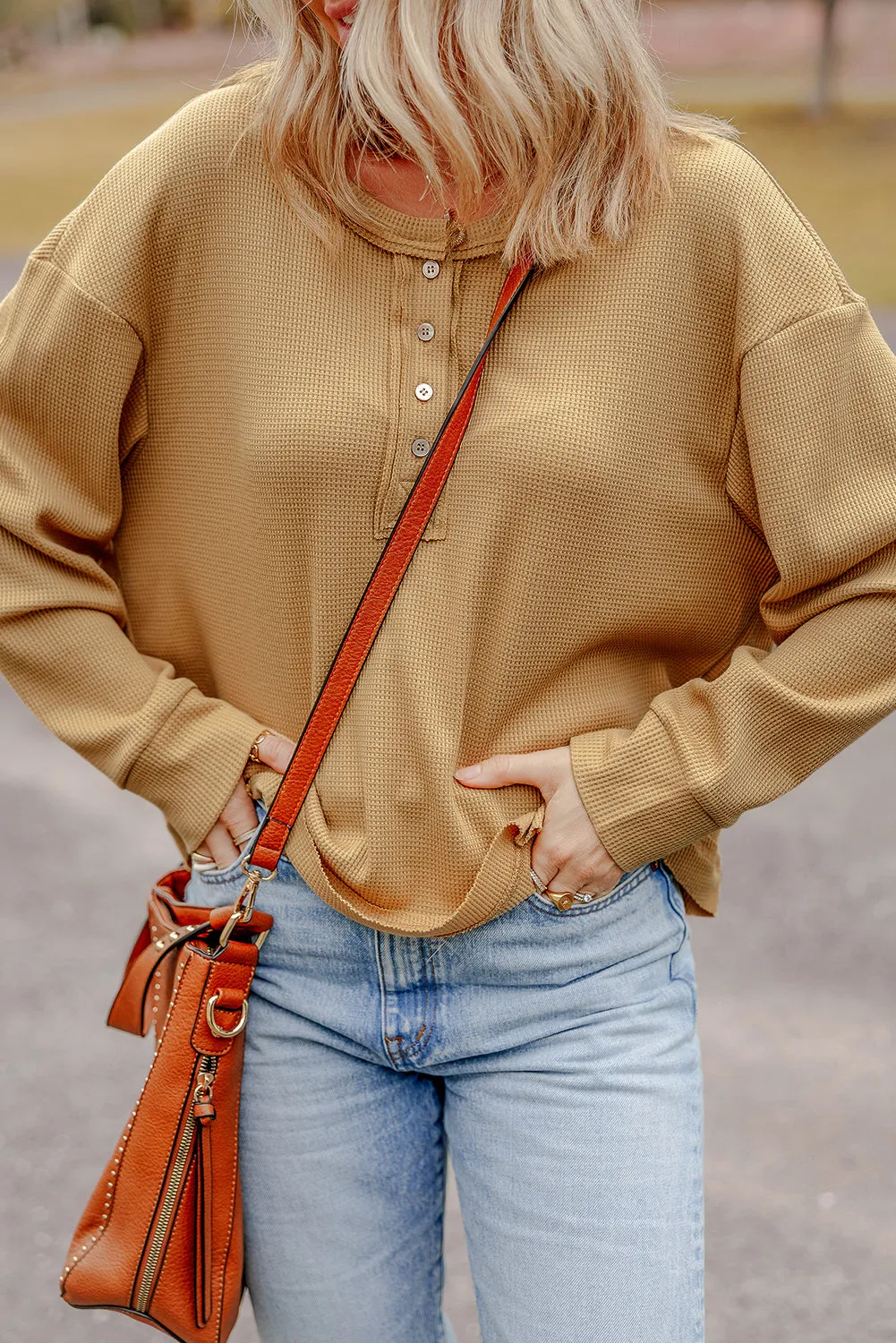 Camel Textured Knit Half Button Drop Shoulder Oversized Top sold by Beagle Boutique product image thumbnail 5