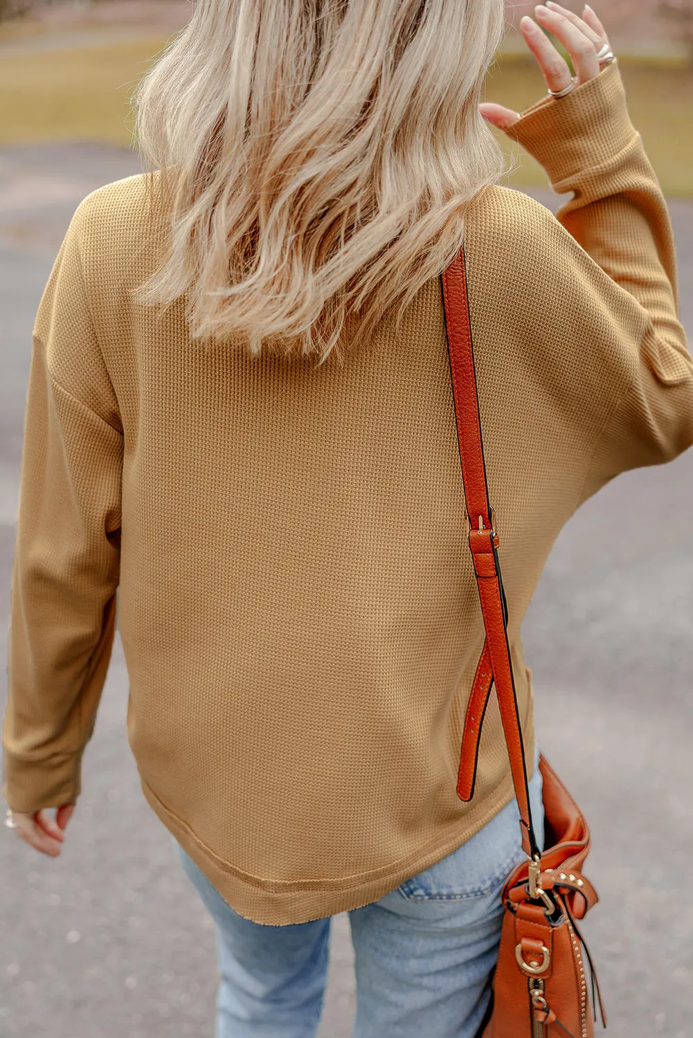 Camel Textured Knit Half Button Drop Shoulder Oversized Top sold by Beagle Boutique product image thumbnail 2