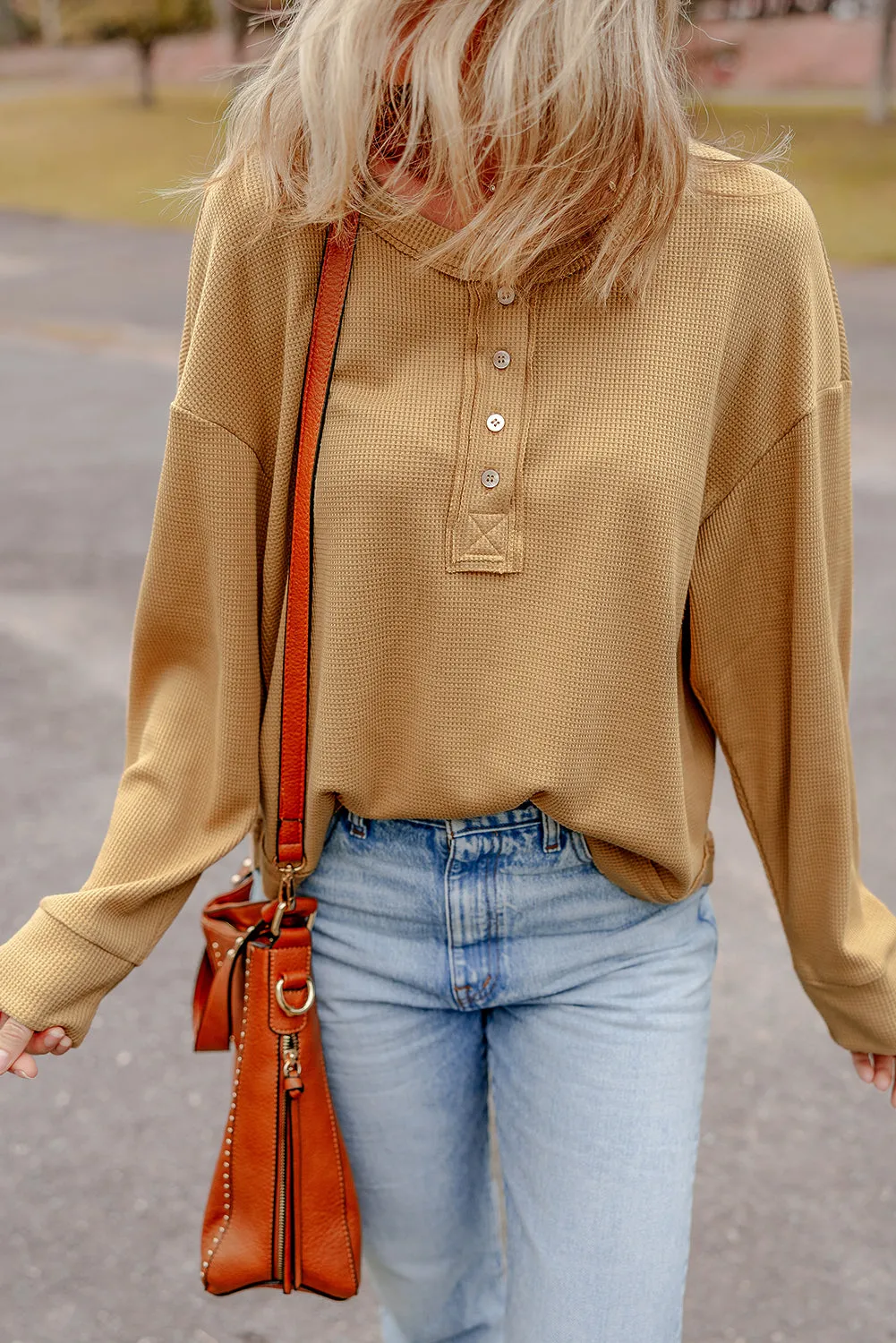 Camel Textured Knit Half Button Drop Shoulder Oversized Top sold by Beagle Boutique product image thumbnail 3