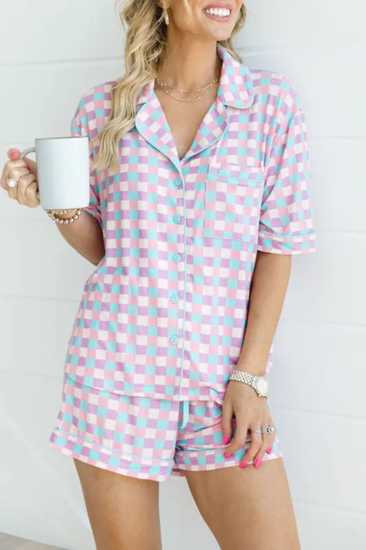 Purple Checkered Pattern Short Sleeve Pyjamass Set sold by Beagle Boutique