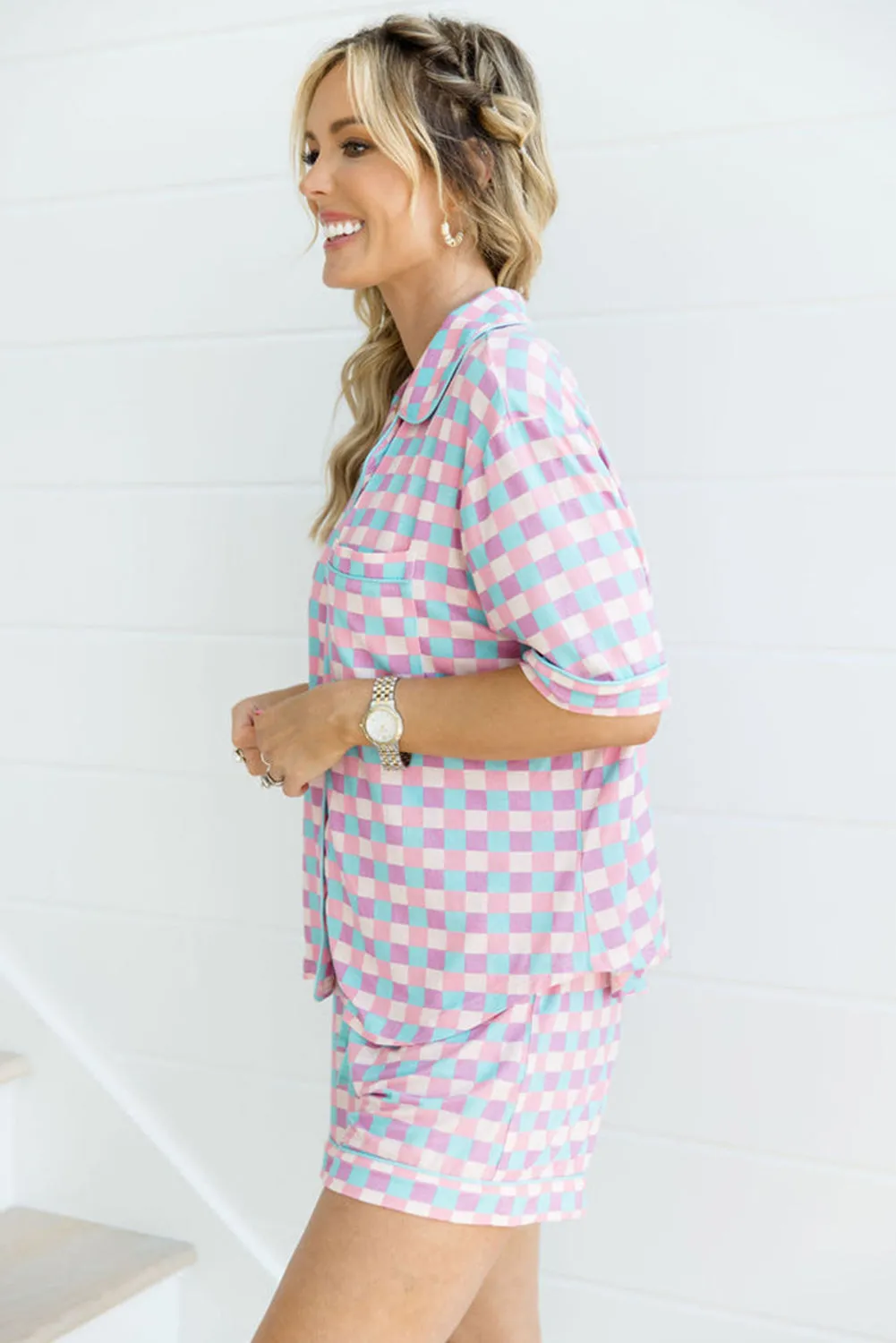 Purple Checkered Pattern Short Sleeve Pyjamass Set sold by Beagle Boutique product image thumbnail 3