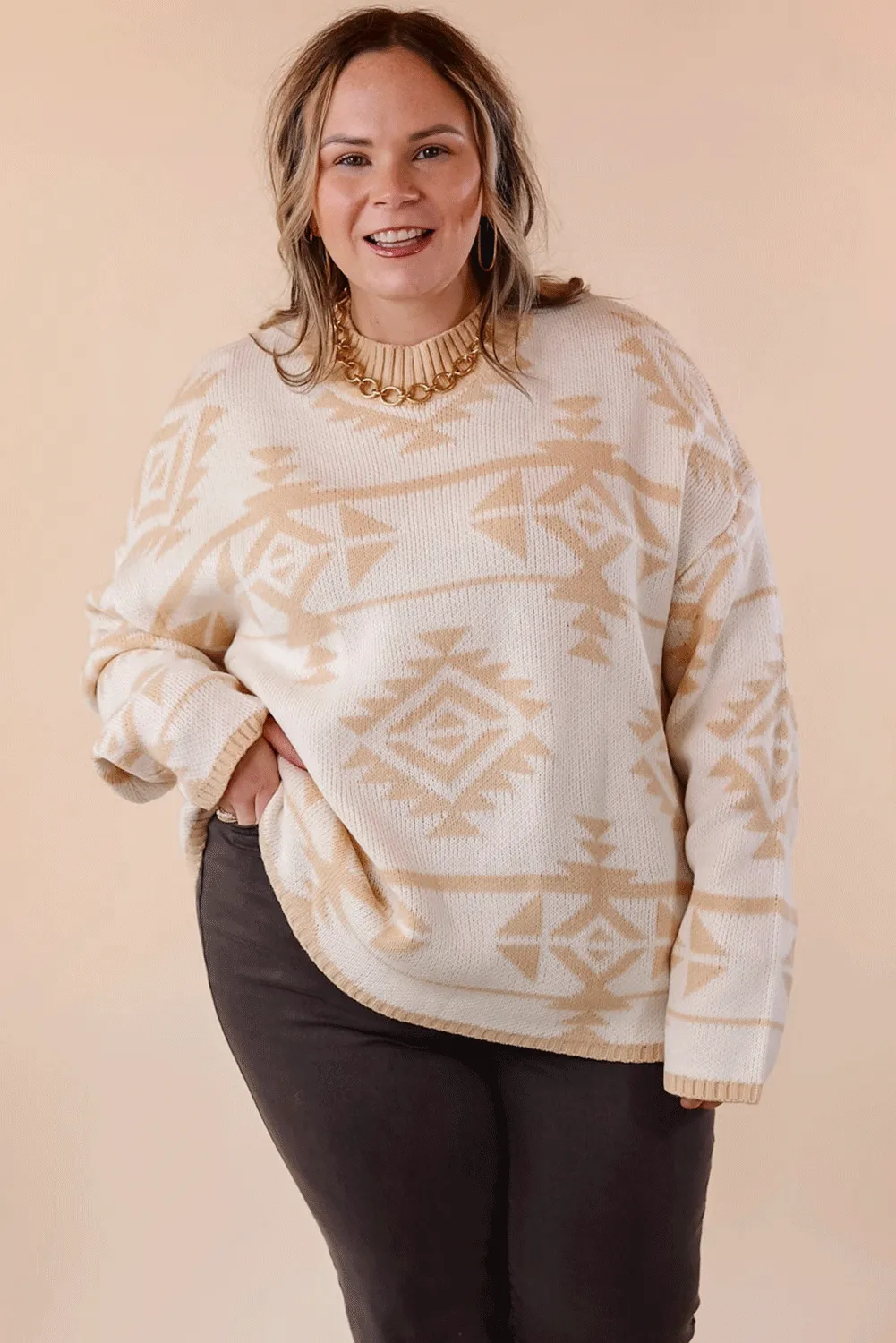 Beige Plus Size Western Aztec Print Loose Sweater sold by Beagle Boutique product image thumbnail 5