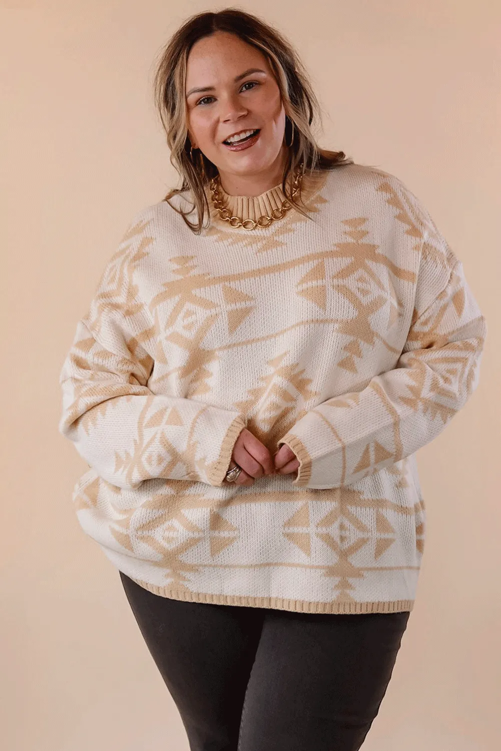 Beige Plus Size Western Aztec Print Loose Sweater sold by Beagle Boutique product image thumbnail 2