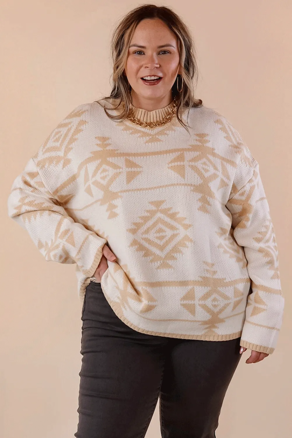 Beige Plus Size Western Aztec Print Loose Sweater sold by Beagle Boutique product image thumbnail 4