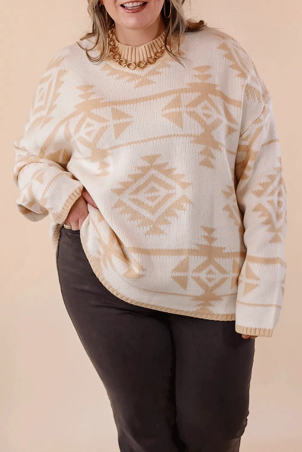 Beige Plus Size Western Aztec Print Loose Sweater sold by Beagle Boutique