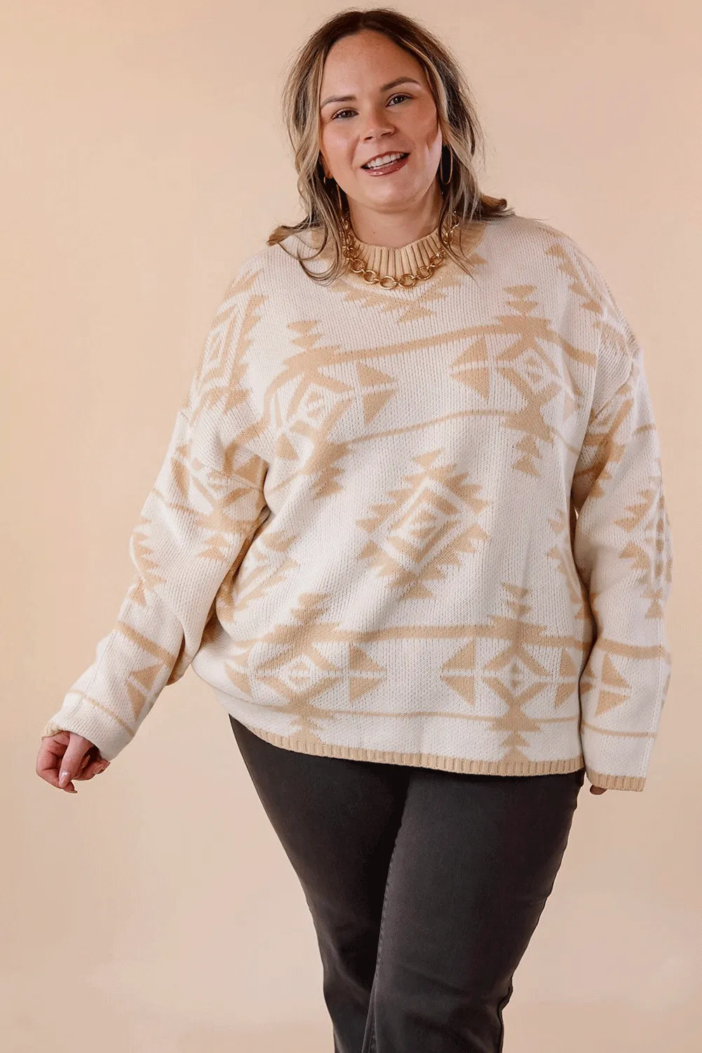 Beige Plus Size Western Aztec Print Loose Sweater sold by Beagle Boutique product image thumbnail 3