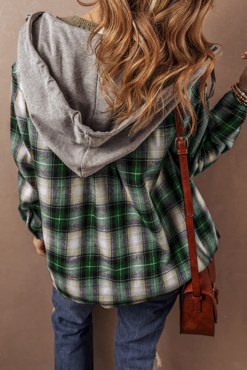 Green Plaid Print Chest Pocket Buttoned Hooded Shacket sold by Beagle Boutique product image thumbnail 2