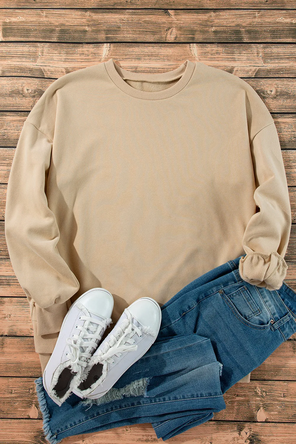 Apricot Solid Fleece Lined Drop Shoulder High Low Sweatshirt sold by Beagle Boutique product image thumbnail 5