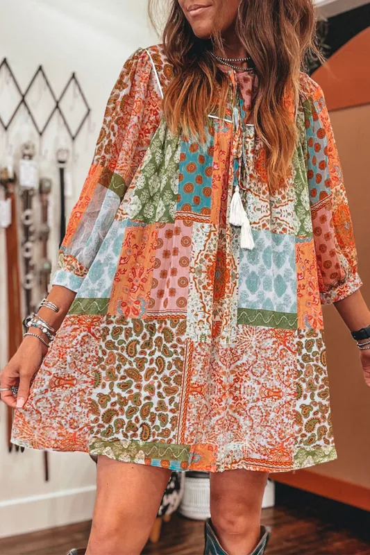 Orange Boho Paisley Mixed Print 3/4 Sleeve Chiffon Loose Dress sold by Beagle Boutique