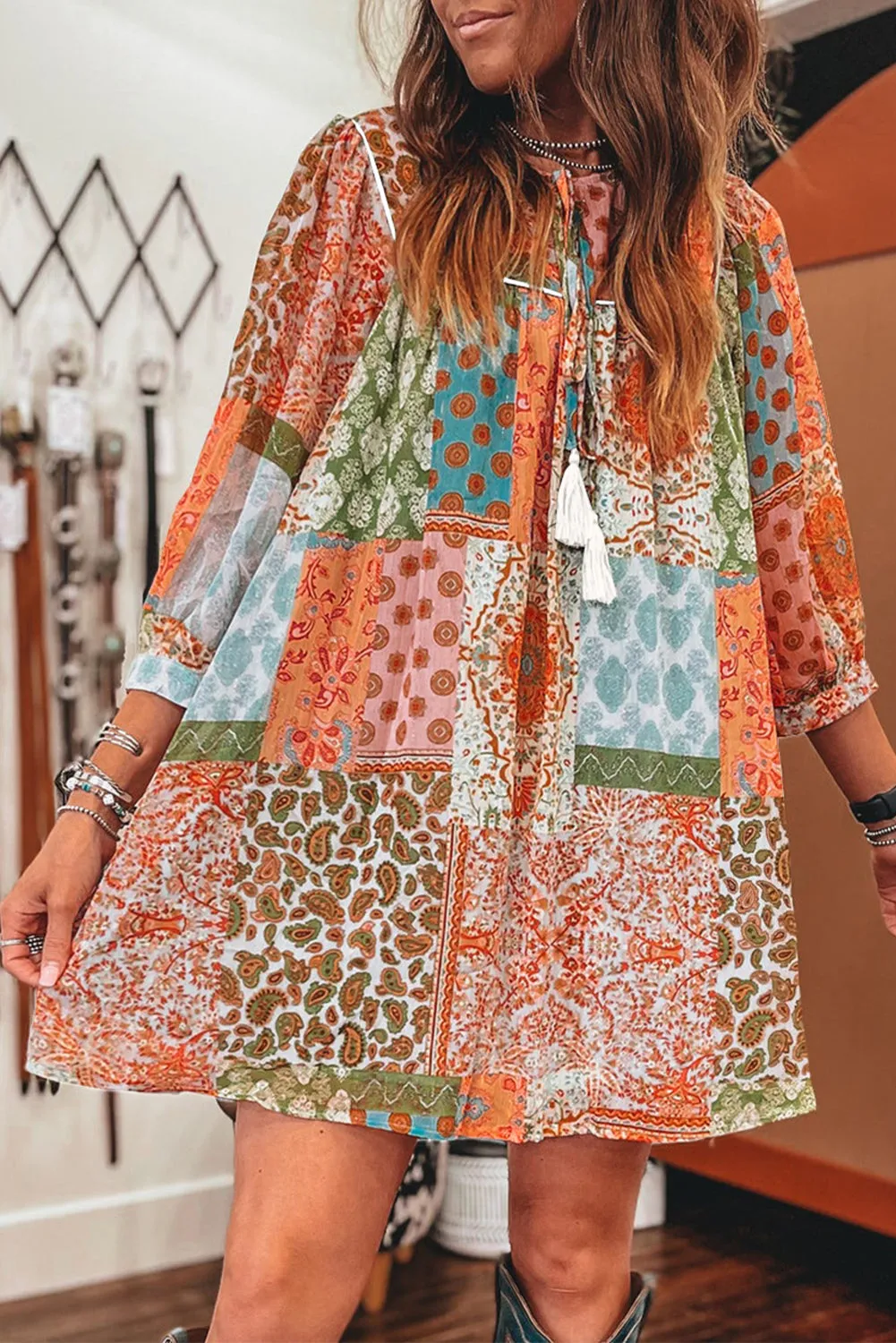 Orange Boho Paisley Mixed Print 3/4 Sleeve Chiffon Loose Dress sold by Beagle Boutique