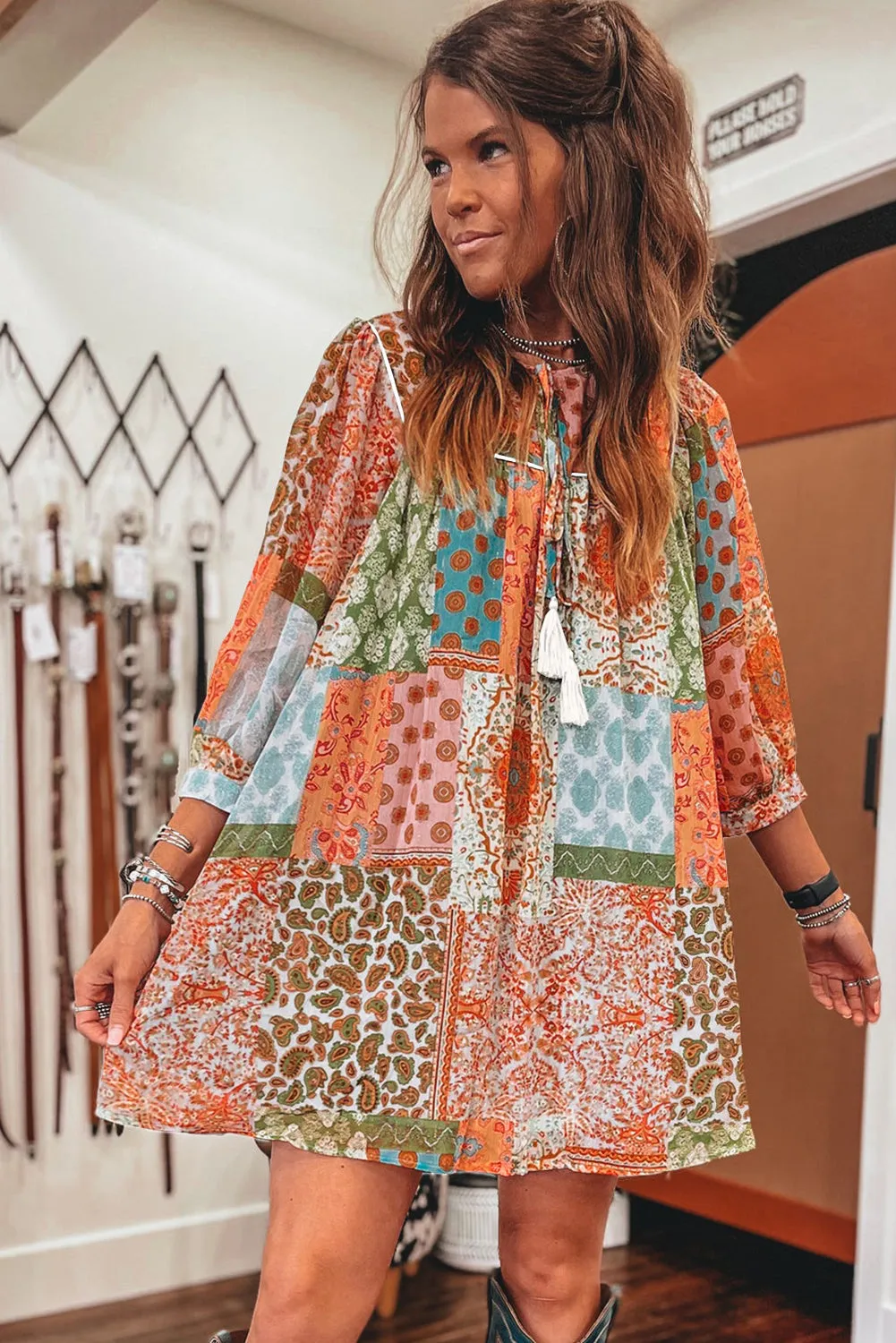 Orange Boho Paisley Mixed Print 3/4 Sleeve Chiffon Loose Dress sold by Beagle Boutique product image thumbnail 3