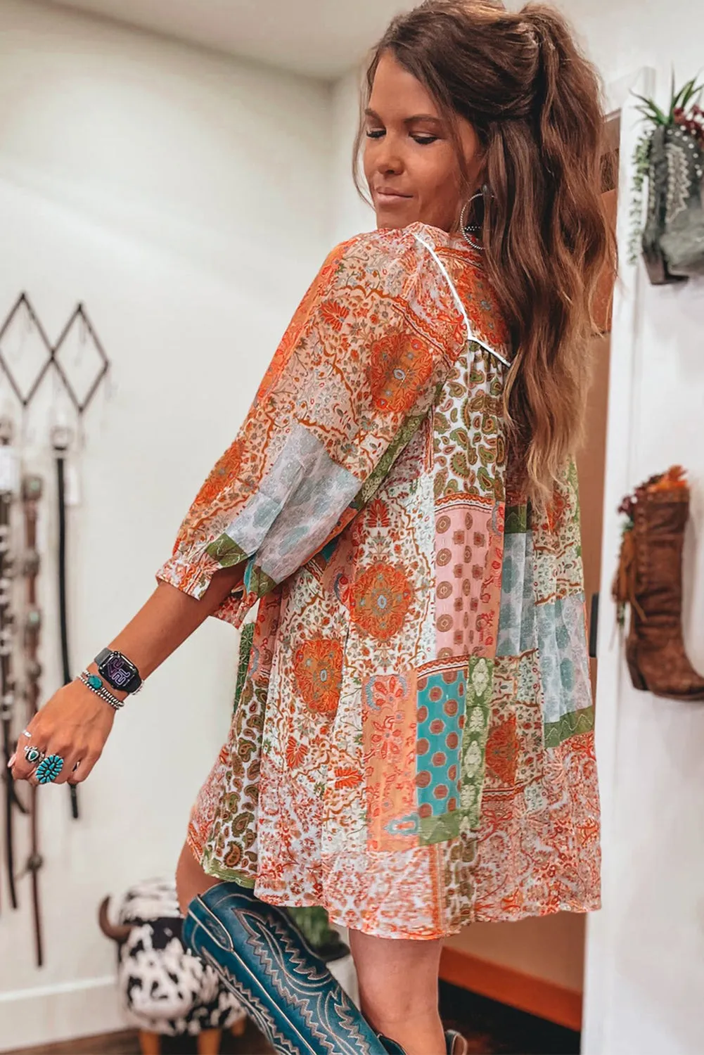 Orange Boho Paisley Mixed Print 3/4 Sleeve Chiffon Loose Dress sold by Beagle Boutique product image thumbnail 2