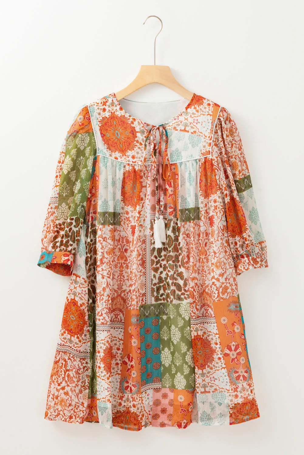 Orange Boho Paisley Mixed Print 3/4 Sleeve Chiffon Loose Dress sold by Beagle Boutique product image thumbnail 5