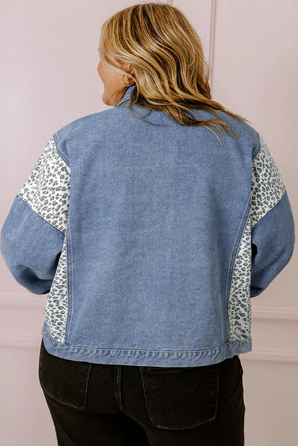 Beau Blue Leopard Patchwork Flap Detail Plus Size Denim Jacket sold by Beagle Boutique product image thumbnail 2