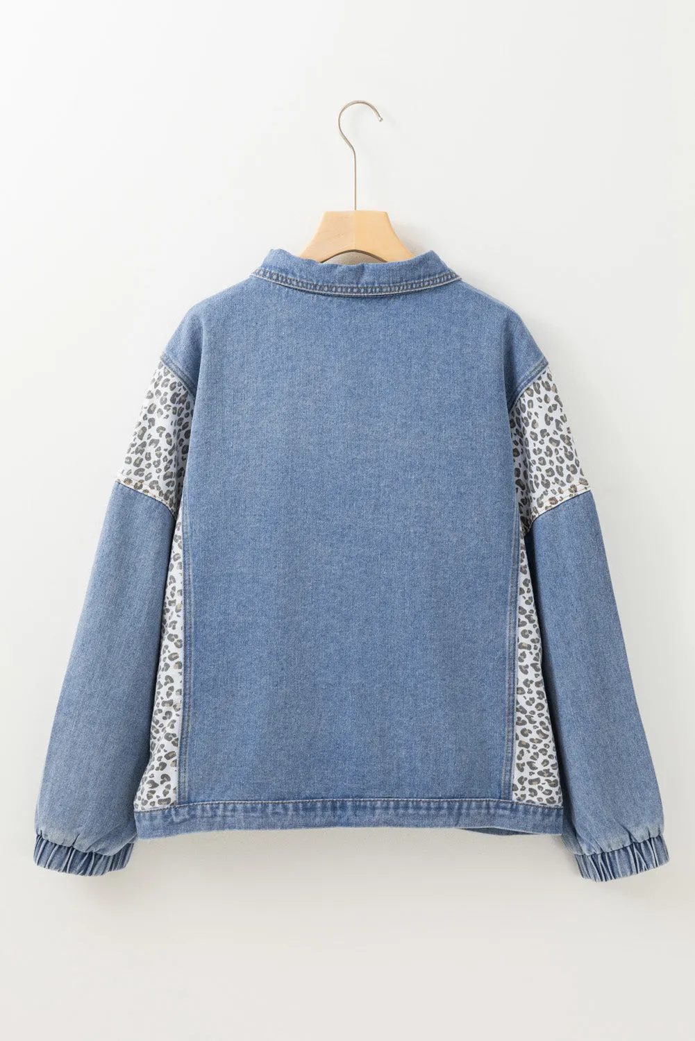 Beau Blue Leopard Patchwork Flap Detail Plus Size Denim Jacket sold by Beagle Boutique product image thumbnail 5