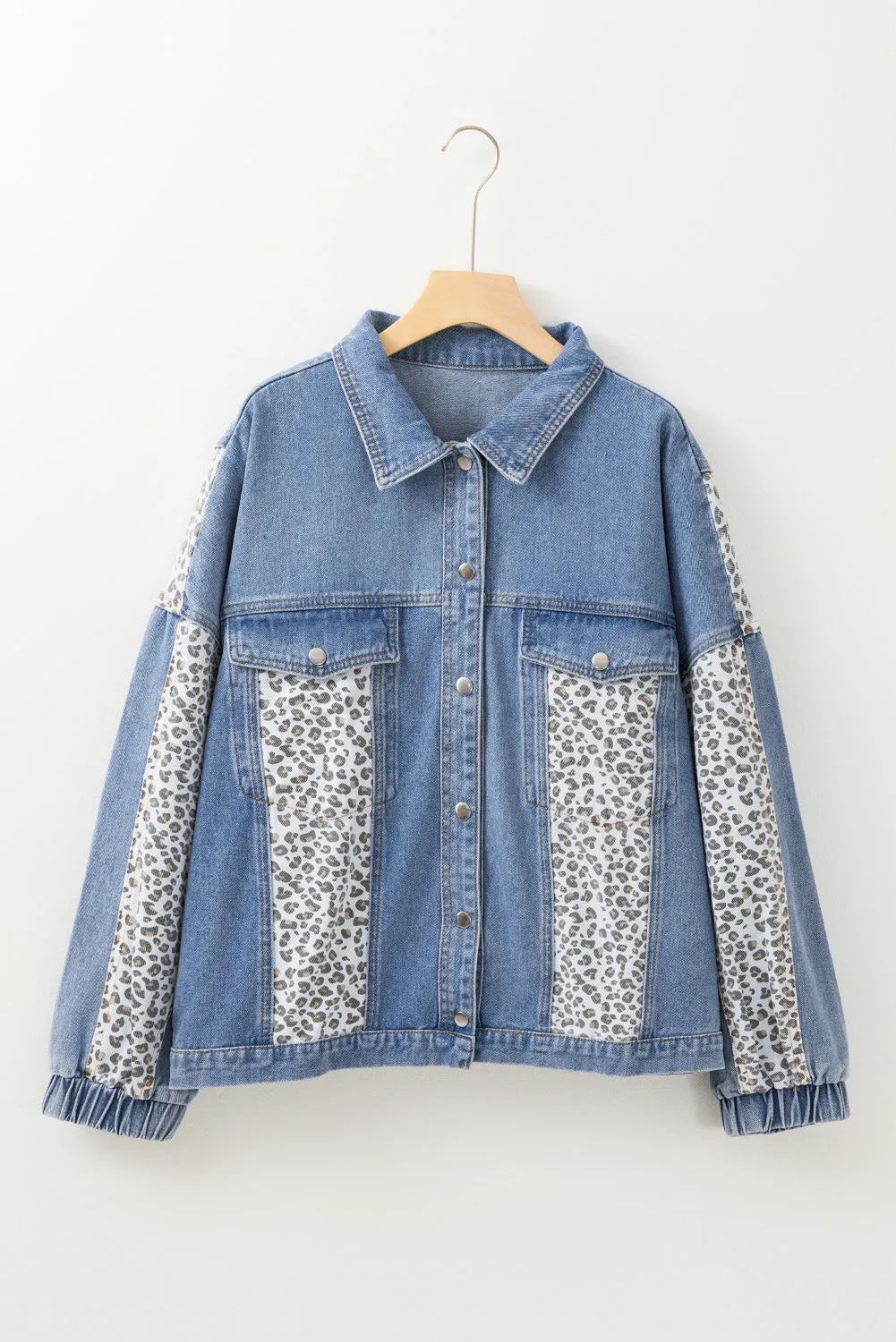 Beau Blue Leopard Patchwork Flap Detail Plus Size Denim Jacket sold by Beagle Boutique product image thumbnail 4