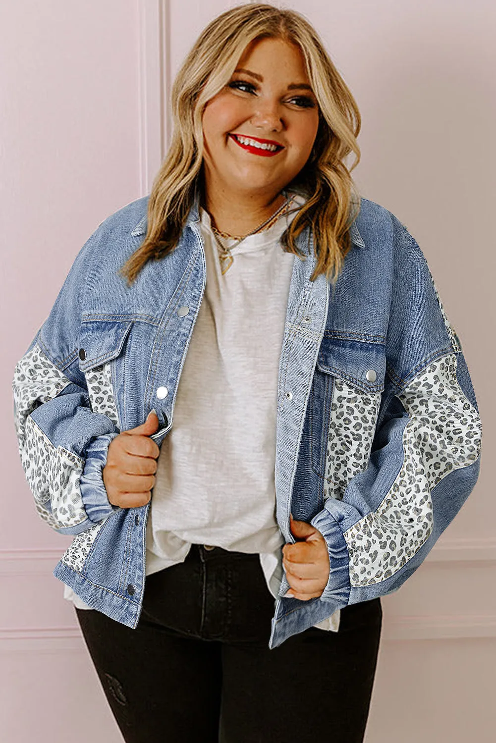 Beau Blue Leopard Patchwork Flap Detail Plus Size Denim Jacket sold by Beagle Boutique product image thumbnail 3