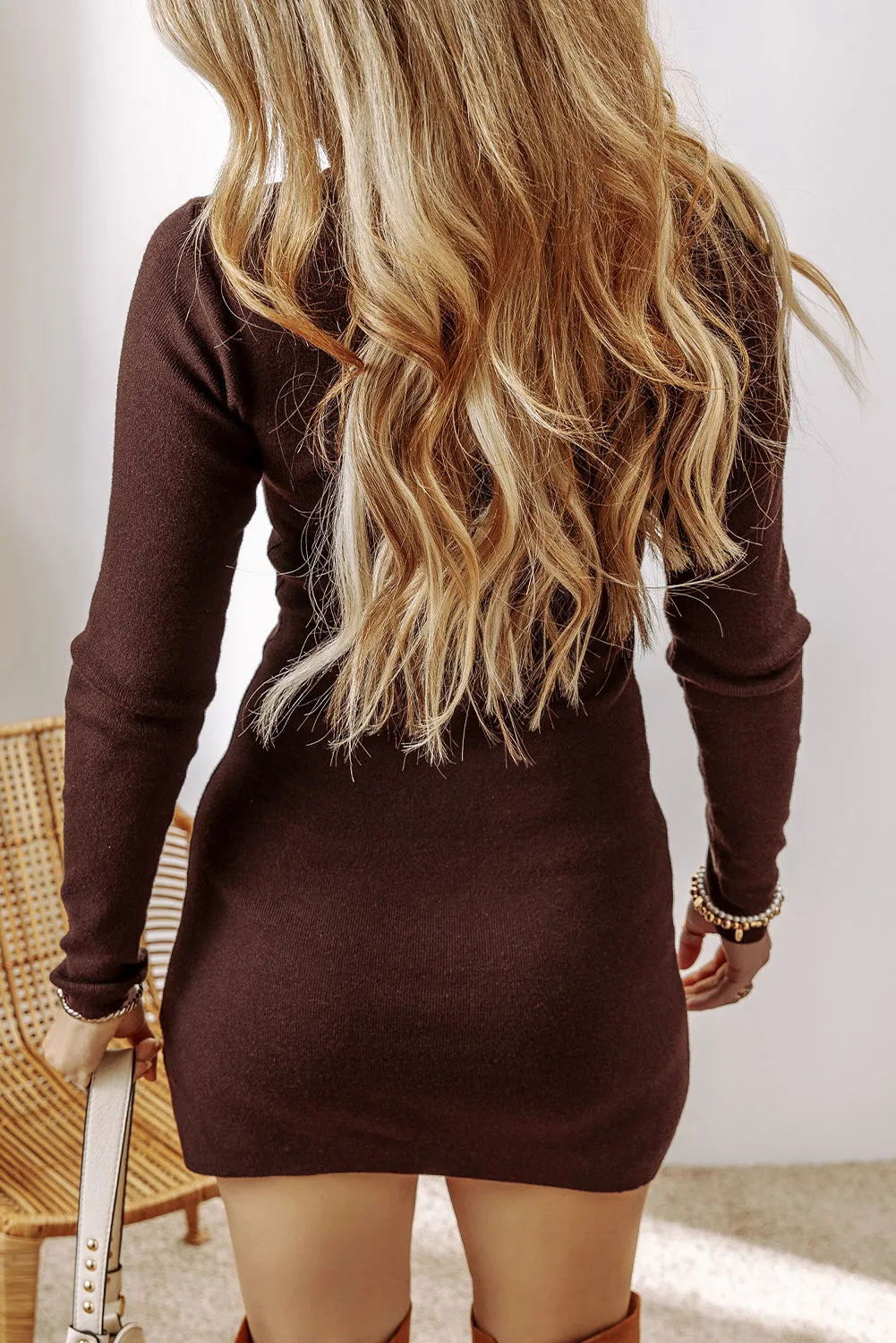 Coffee Slim Fit Mock Neck Side Slit Sweater Dress sold by Beagle Boutique product image thumbnail 2