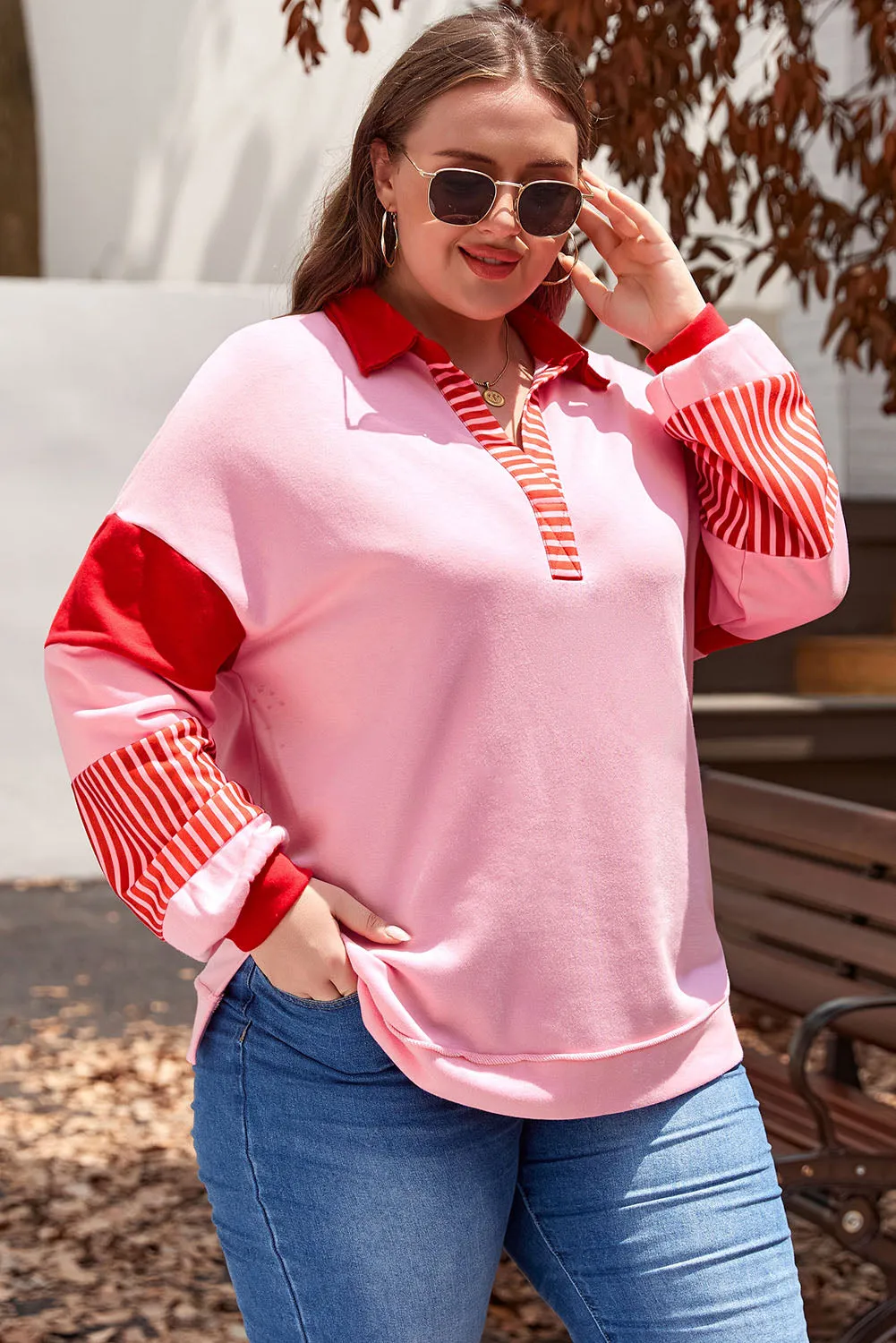 Rose Striped Patchwork Side Split Collared Plus Size Sweatshirt sold by Beagle Boutique product image thumbnail 3