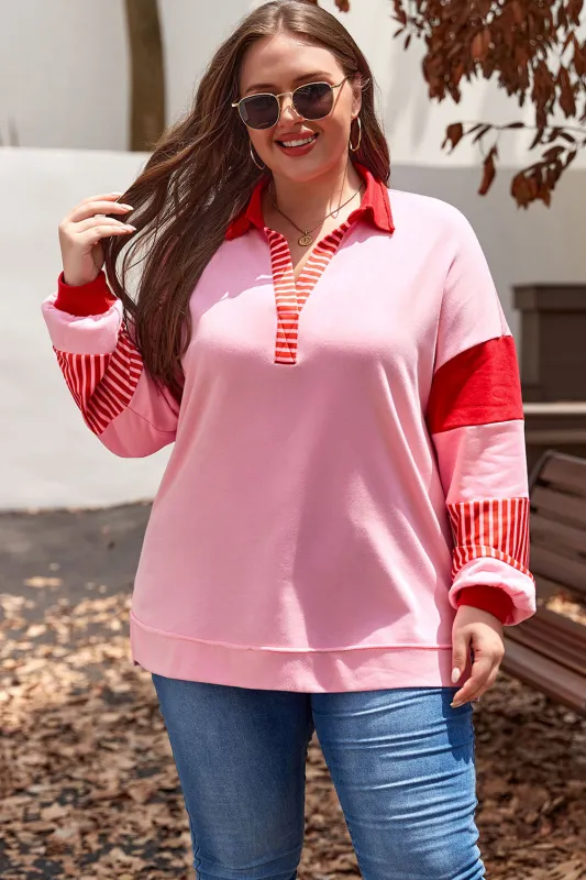 Rose Striped Patchwork Side Split Collared Plus Size Sweatshirt sold by Beagle Boutique