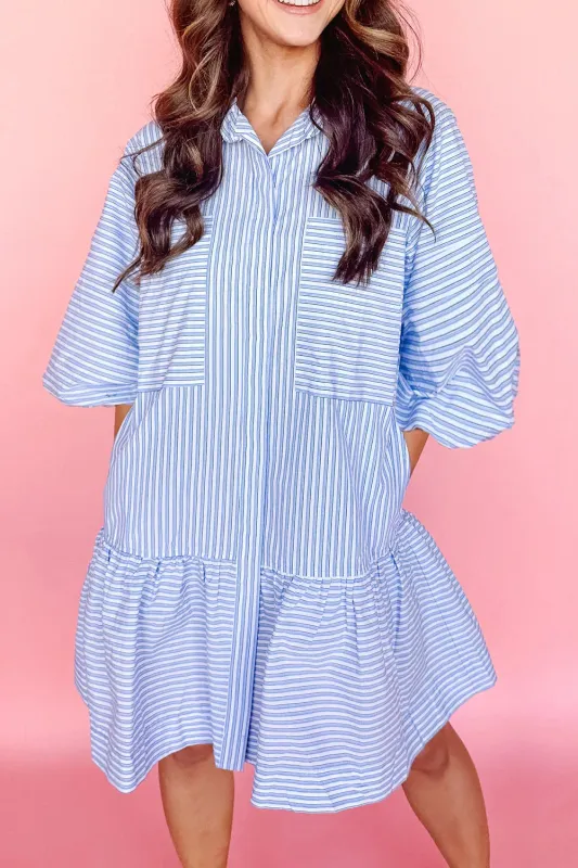 Sky Blue Stripe Bubble Sleeve Chest Pockets Buttoned Shirt Dress sold by Beagle Boutique