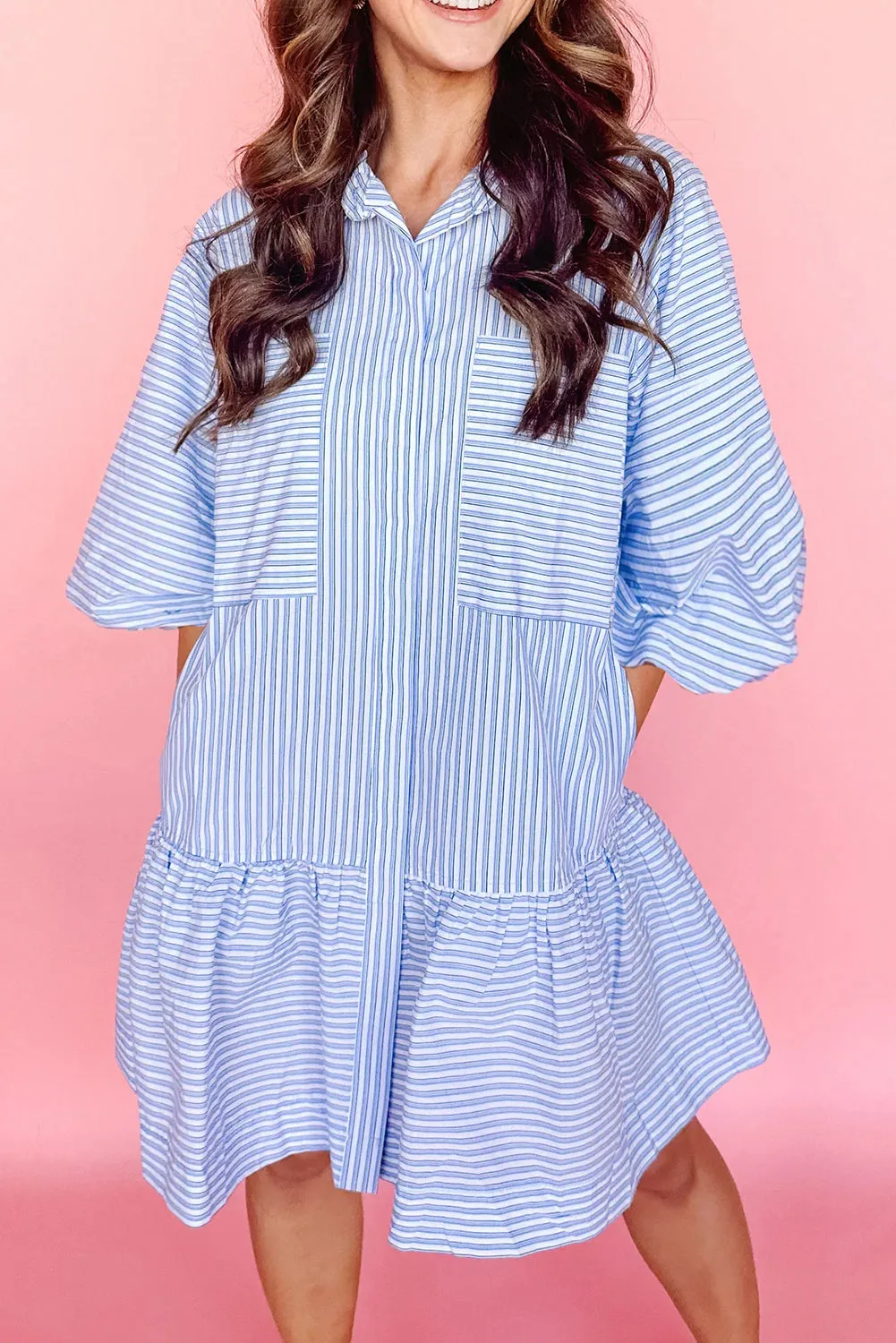 Sky Blue Stripe Bubble Sleeve Chest Pockets Buttoned Shirt Dress sold by Beagle Boutique