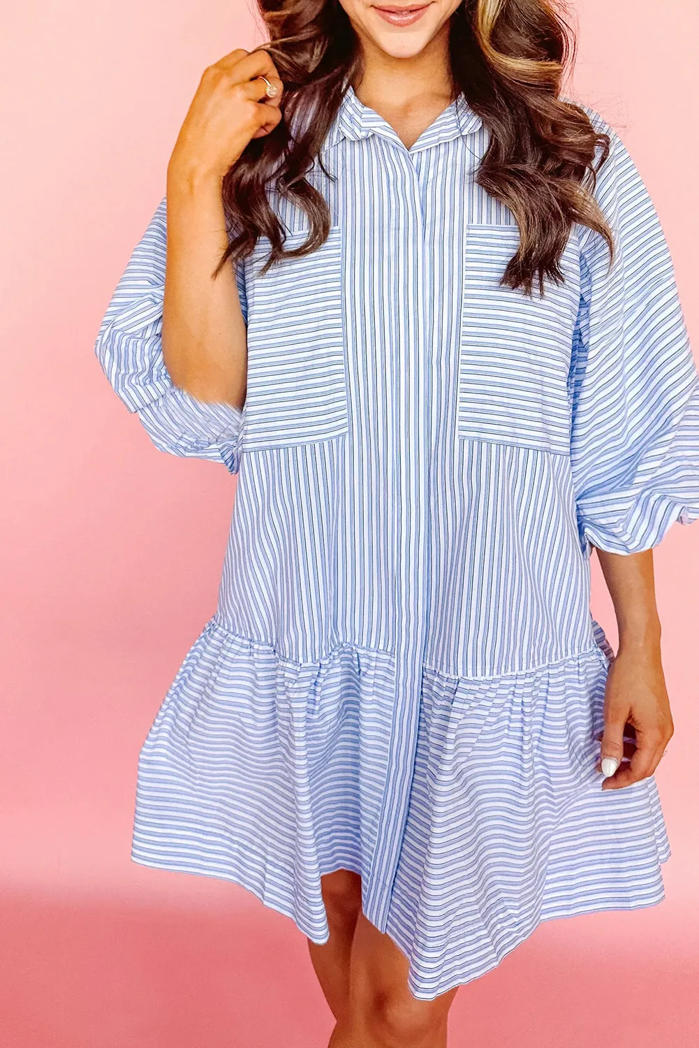 Sky Blue Stripe Bubble Sleeve Chest Pockets Buttoned Shirt Dress sold by Beagle Boutique product image thumbnail 2