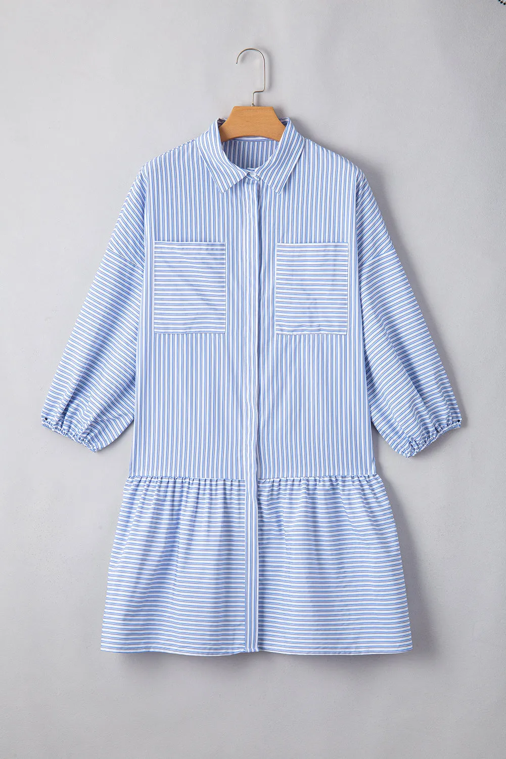 Sky Blue Stripe Bubble Sleeve Chest Pockets Buttoned Shirt Dress sold by Beagle Boutique product image thumbnail 5