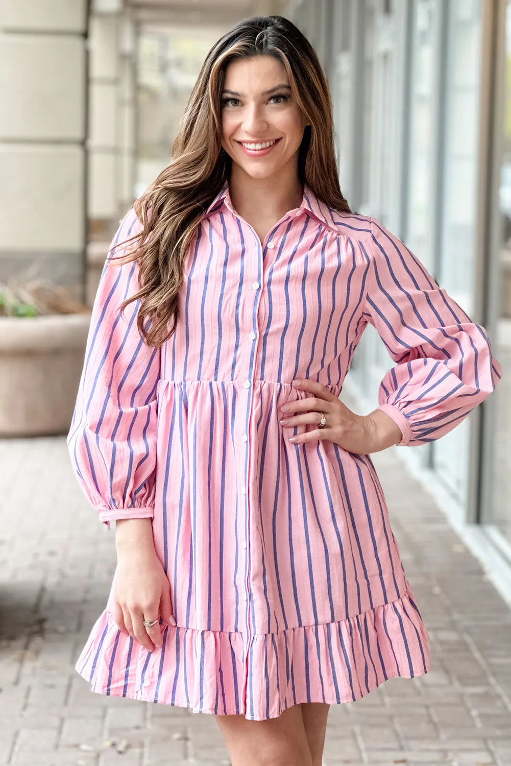 Pink Stripe Ruffled Hem Button-up Collared Shirt Mini Dress sold by Beagle Boutique product image thumbnail 4