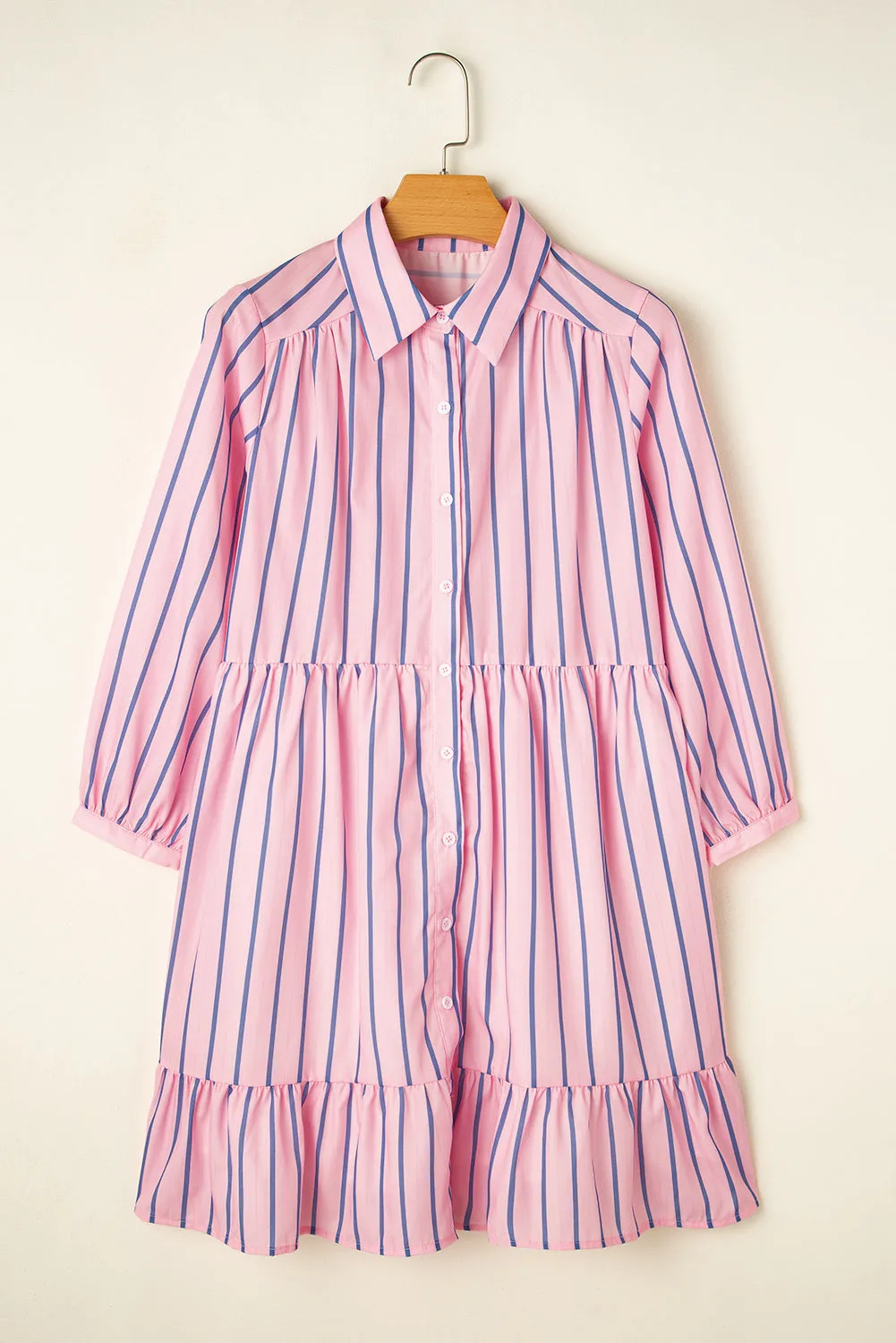 Pink Stripe Ruffled Hem Button-up Collared Shirt Mini Dress sold by Beagle Boutique product image thumbnail 5