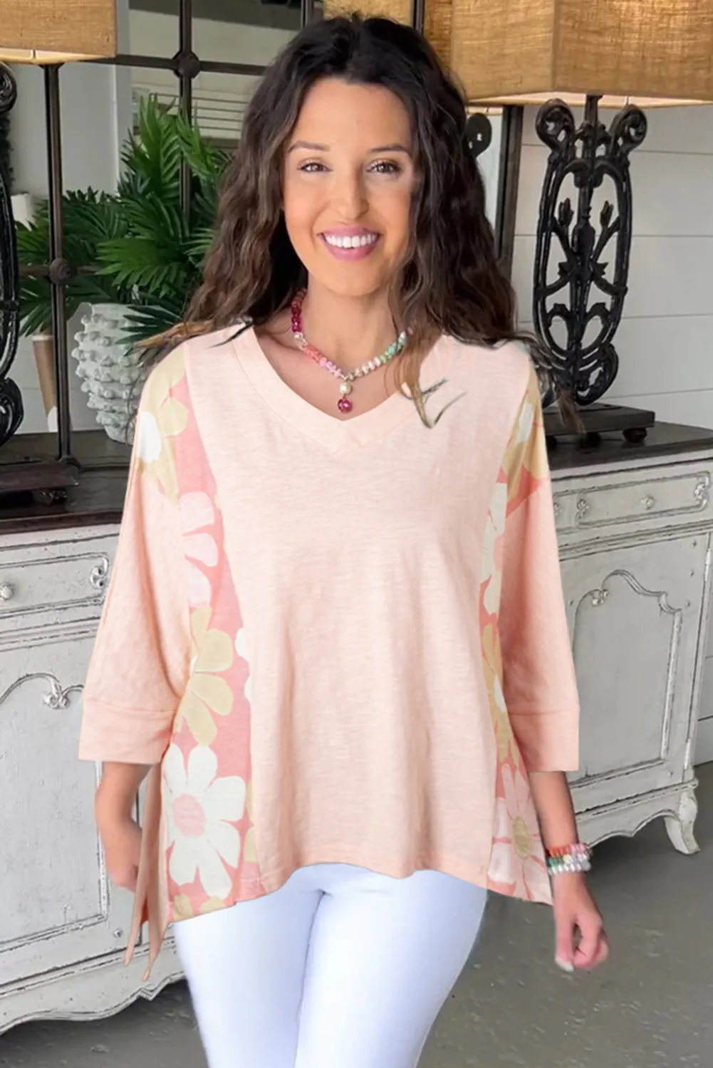 Pink Flower Patchwork Exposed Seam Oversized High Low Top sold by Beagle Boutique product image thumbnail 2