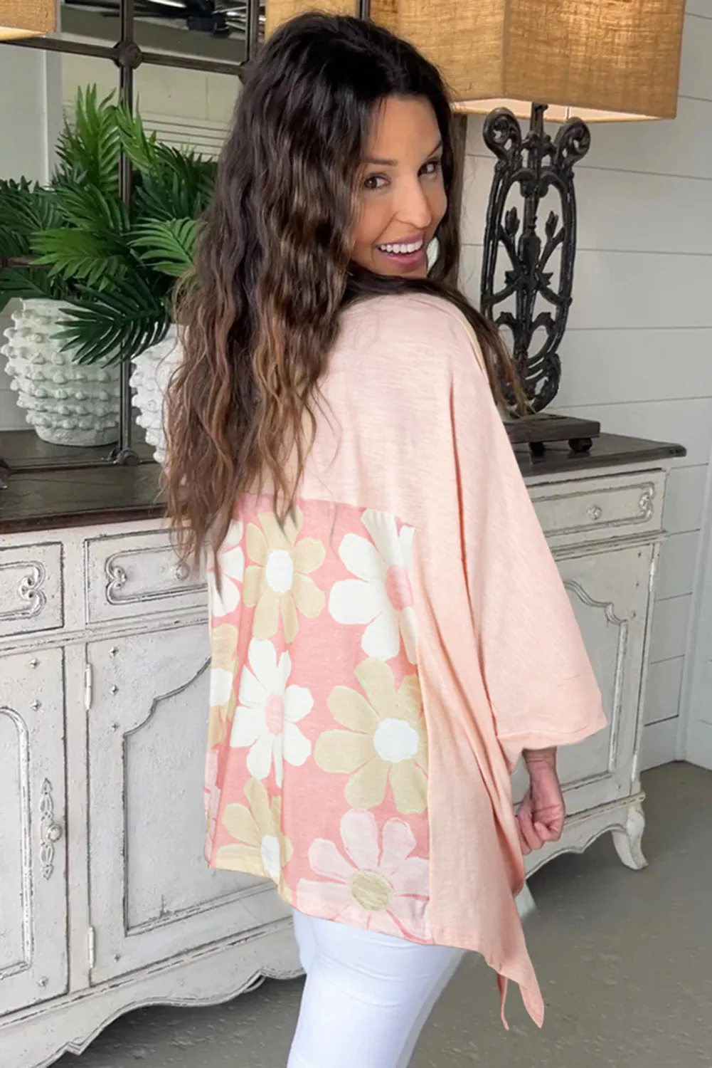 Pink Flower Patchwork Exposed Seam Oversized High Low Top sold by Beagle Boutique product image thumbnail 3