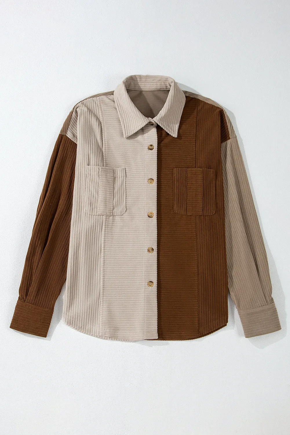 Brown Colour Block Chest Pockets Buttoned Corduroy Shacket sold by Beagle Boutique product image thumbnail 5